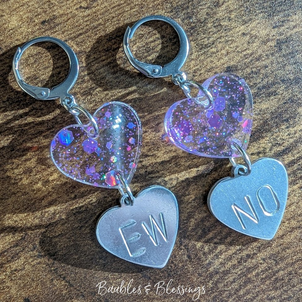 Snarky Hearts: Purple Glitter "EW NO" Earrings