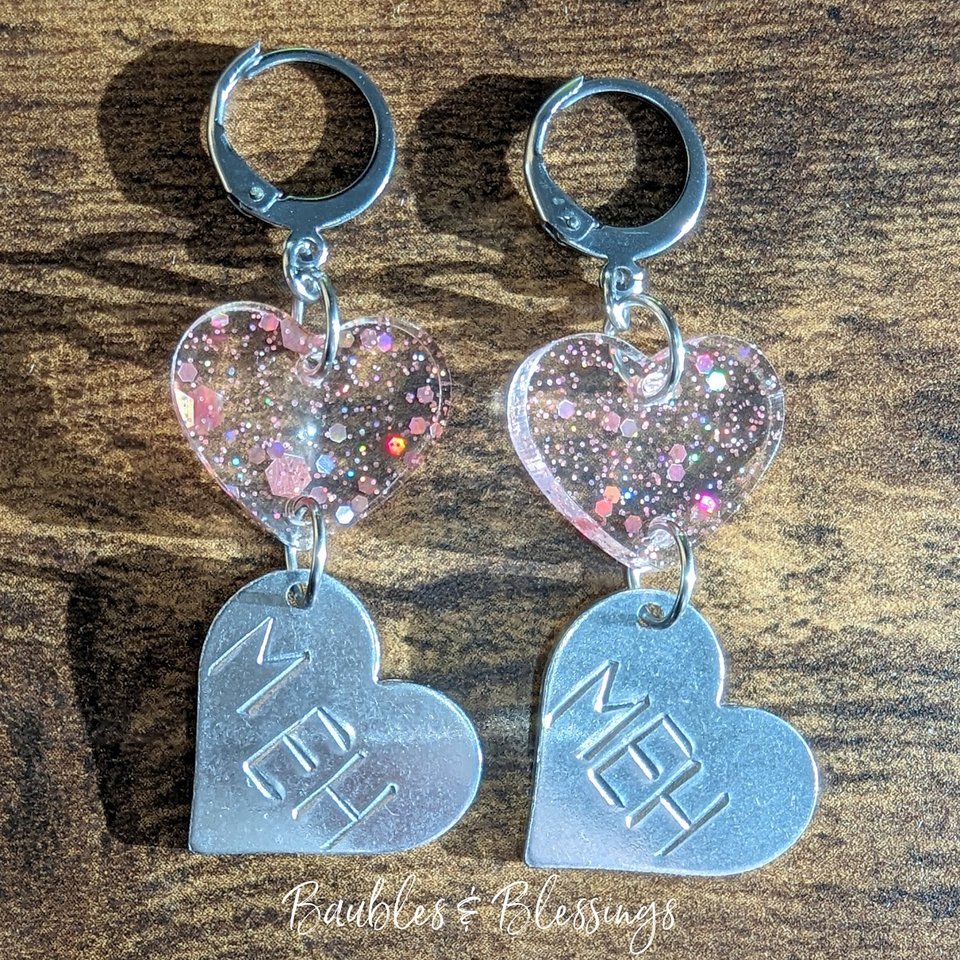 Snarky Hearts: Pink Glitter "MEH" Earrings