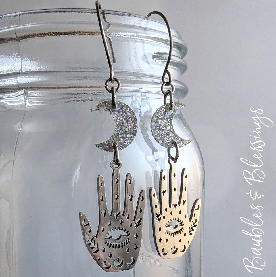 Celestial Palm Earrings with Glittery Crescent Moons