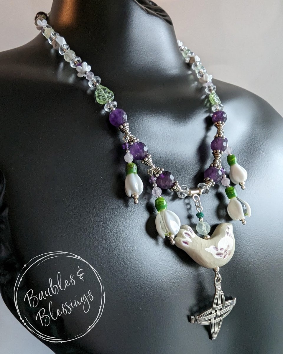 Imbolc Necklace with Brighid's Cross & Lampwork Snowdrops