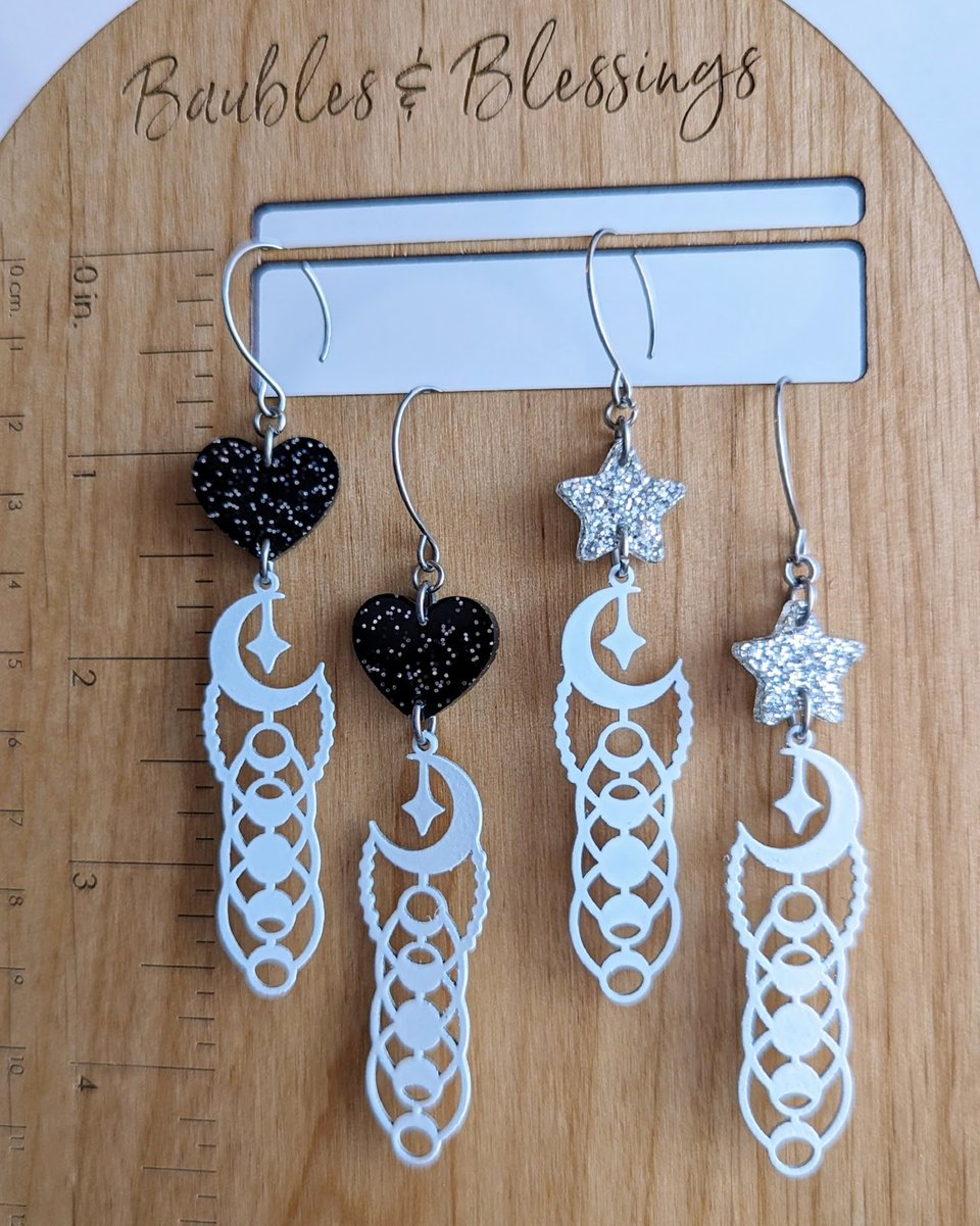 Moon Phase Earrings with Glittery Black Hearts