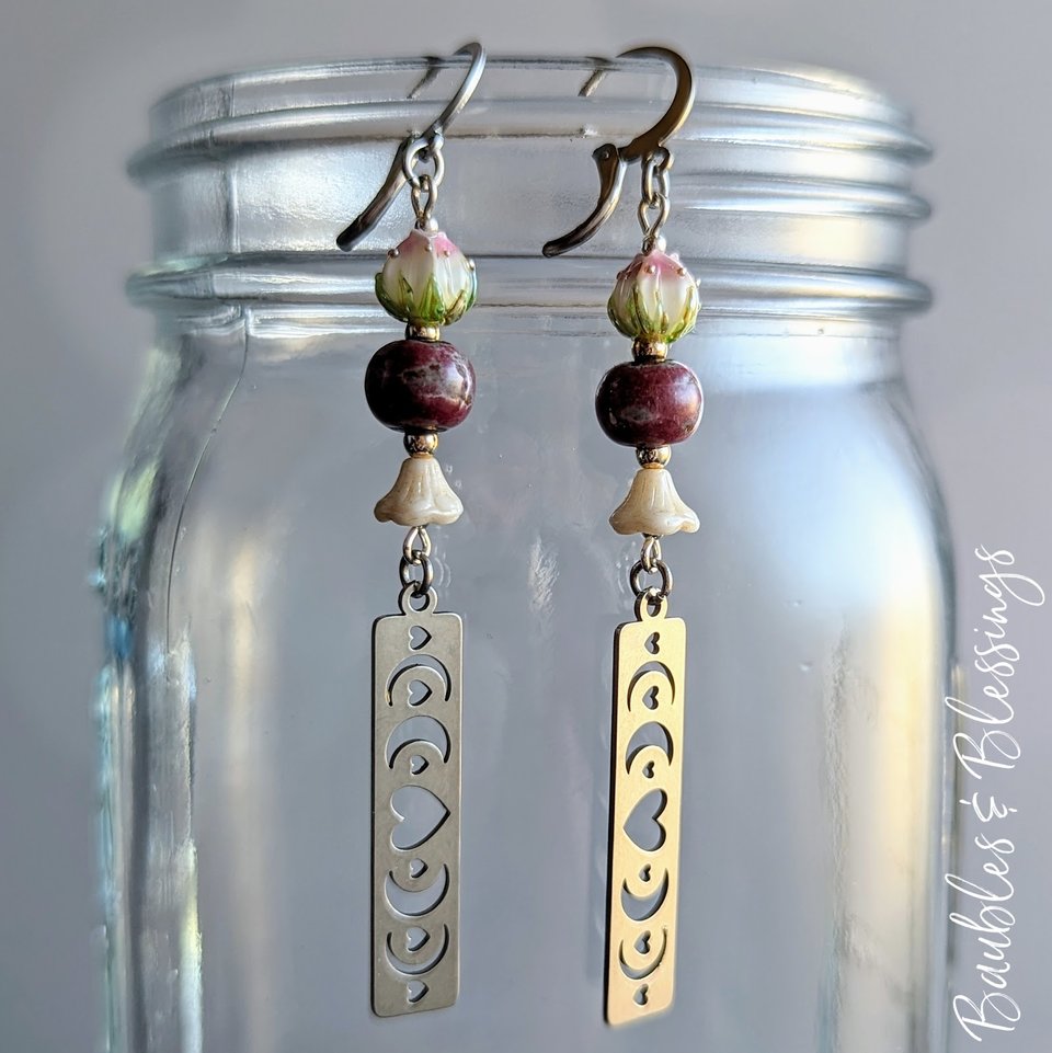 Moon Phase & Heart Earrings with Lampwork Flowers