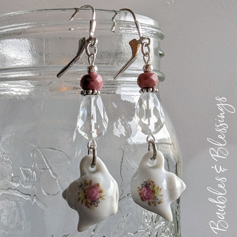 Sweet Floral Teapot Earrings with Rhodonite & Quartz