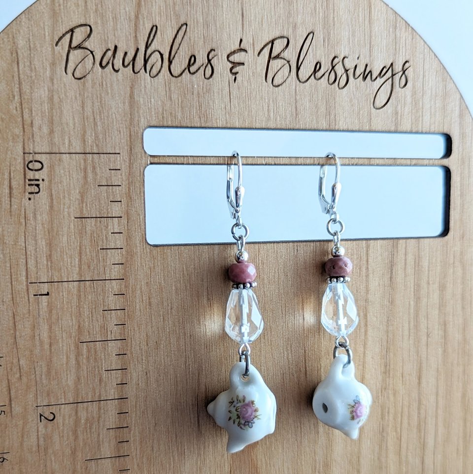 Sweet Floral Teapot Earrings with Rhodonite & Quartz