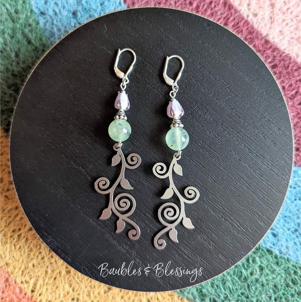 Vine Earrings with Prehnite & Lampwork Flowers