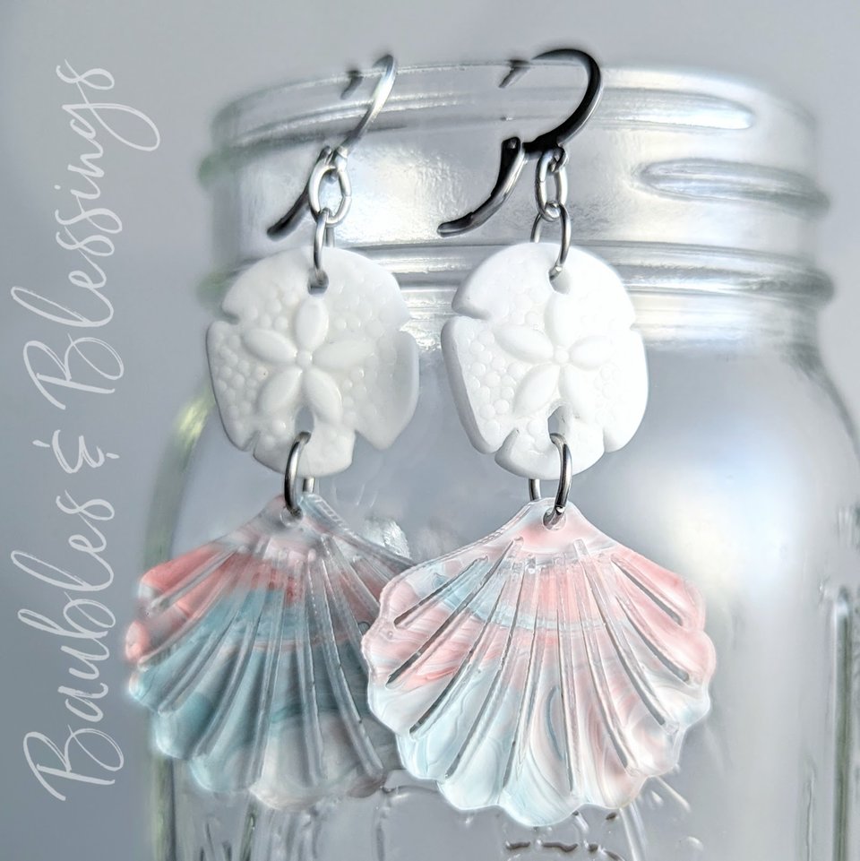 Acrylic Seashell Earrings with Czech Glass Sand Dollars