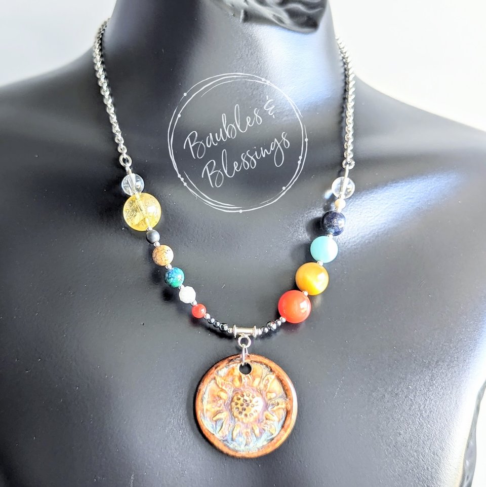 Solar System Necklace with Ceramic Sun Pendant 