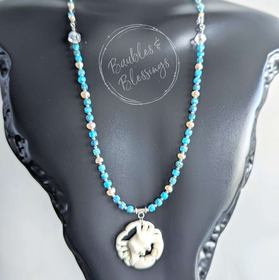 Crab Necklace with Bone, Apatite & Freshwater Pearls