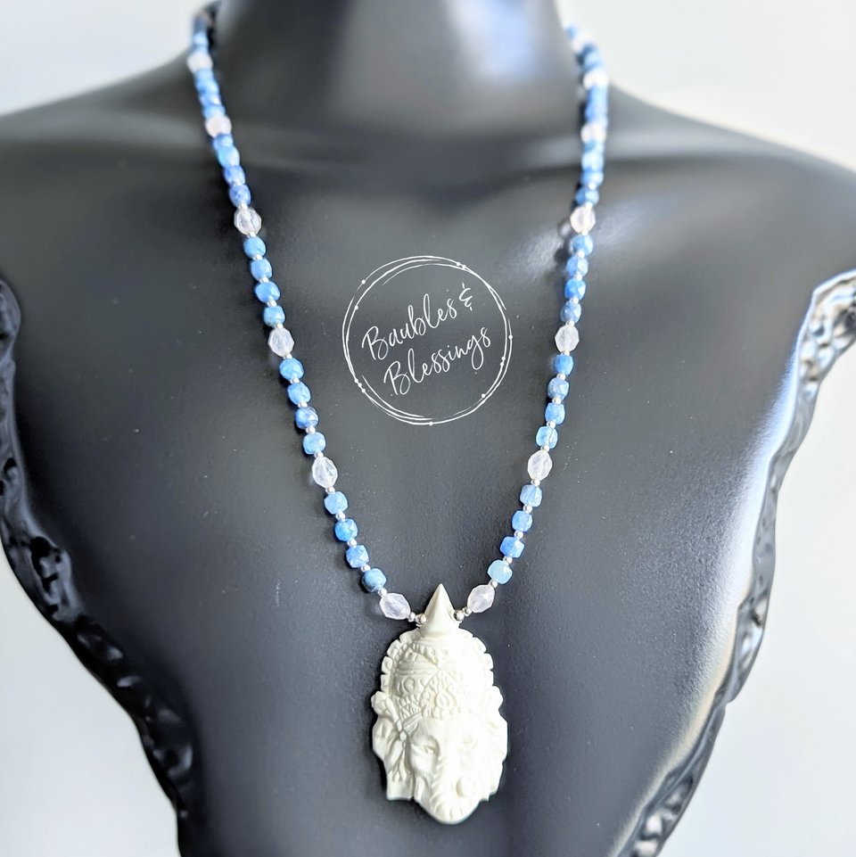 Ganesha Necklace with Bone, Kyanite & Rose Quartz