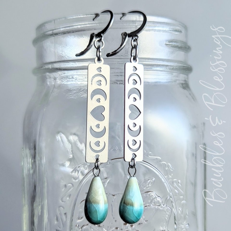 Heart Moon Phase Earrings with Ceramic Teardrops 