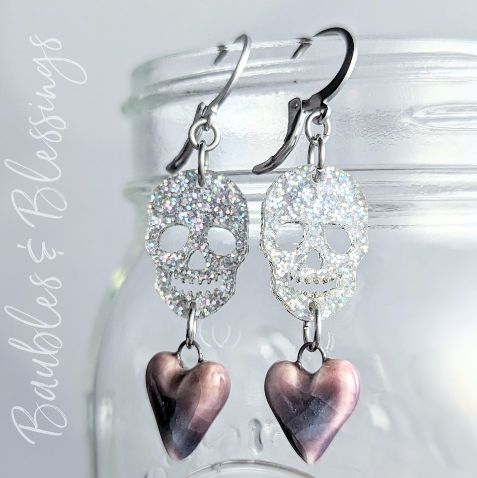 Glittery Skull Earrings with Purple Ceramic Hearts