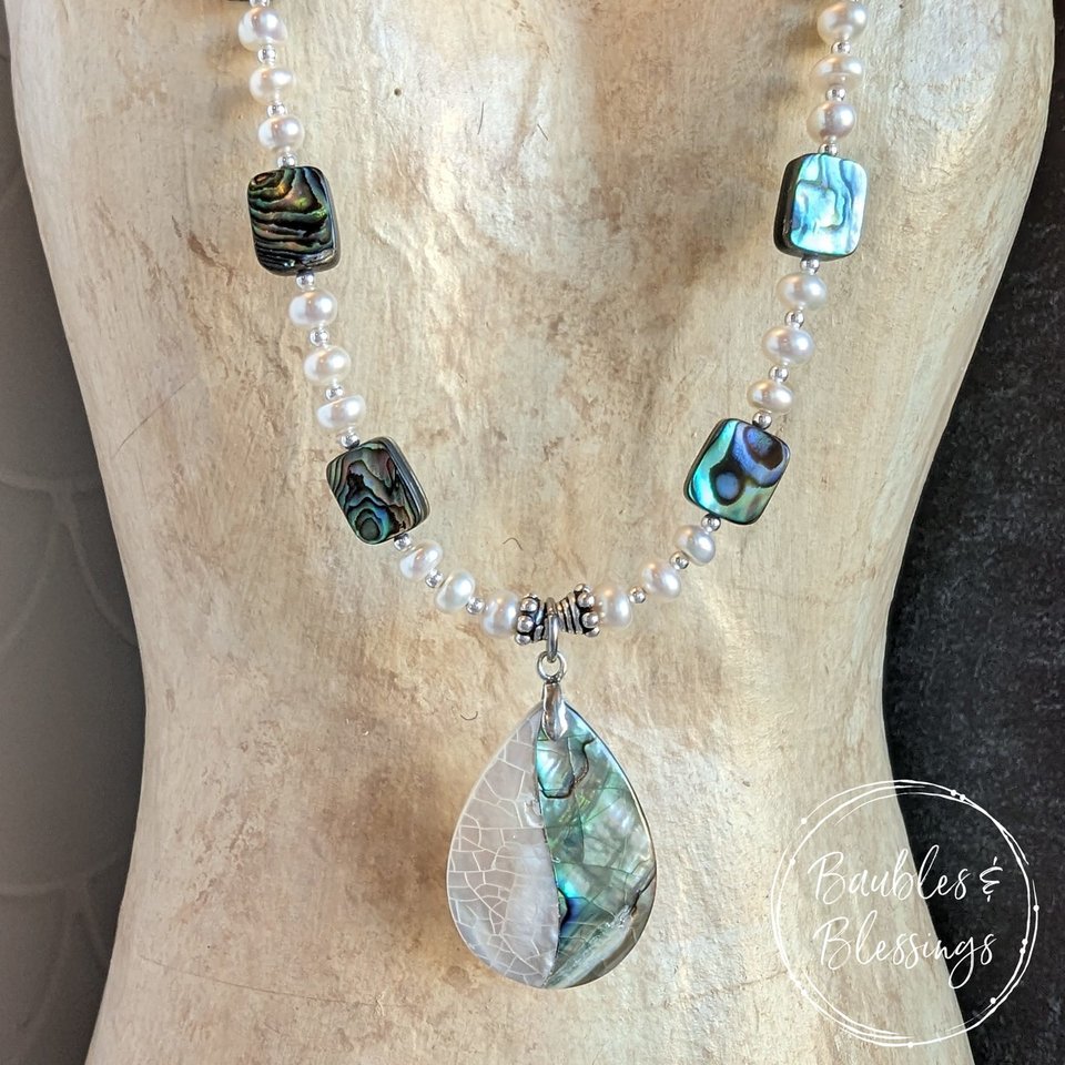 Abalone/Pāua Teardrop Necklace with Freshwater Pearls