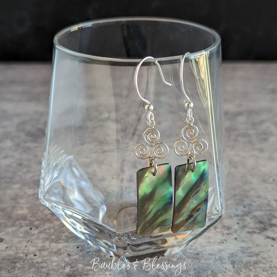 Sterling Silver Triskele Earrings with Abalone/Pāua Drops