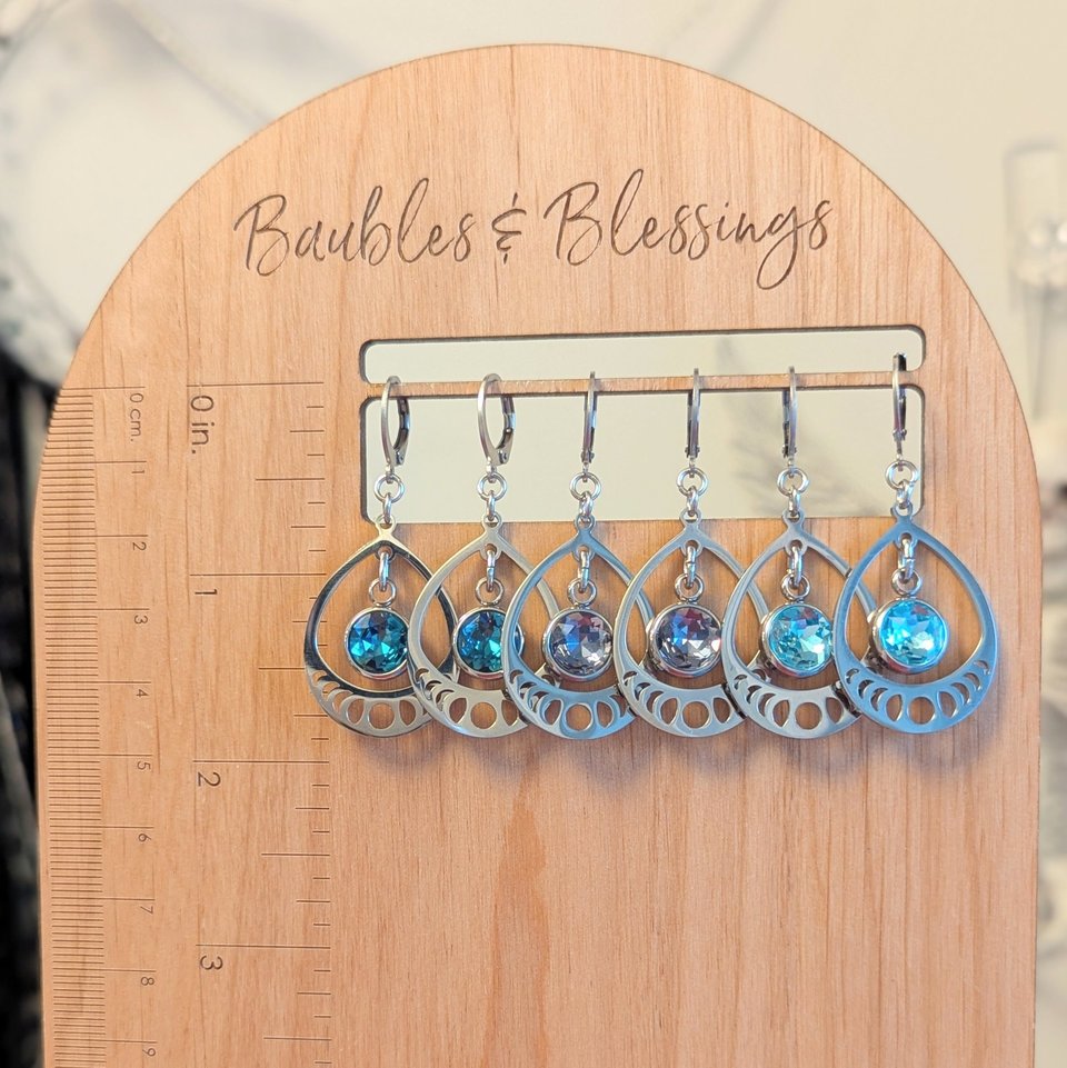 RESERVED for A: Moon Phase Earrings, Dark Aqua Gem