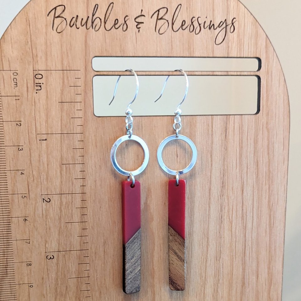 Silver Ring Earrings with Resin & Wood Dangle