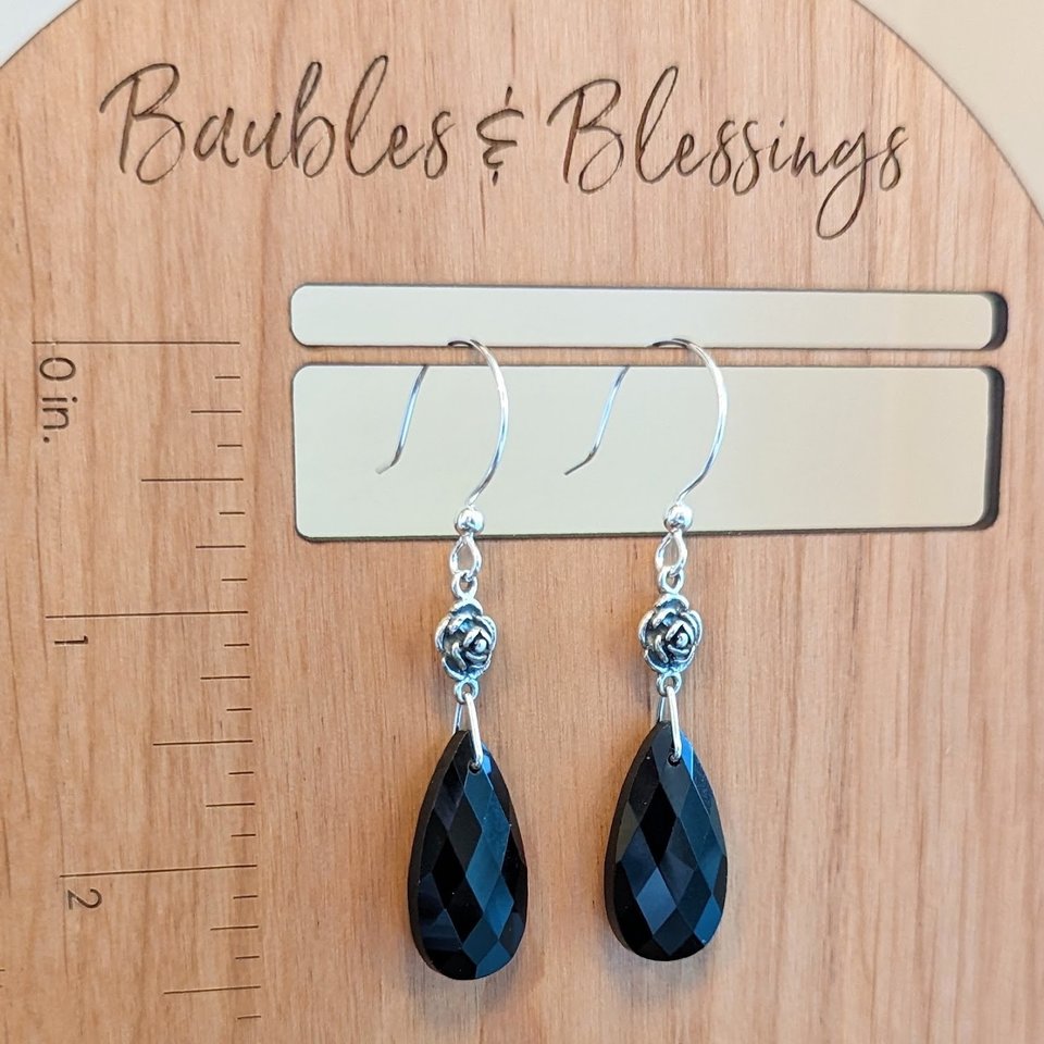 Sterling Silver Rose Earrings with Obsidian