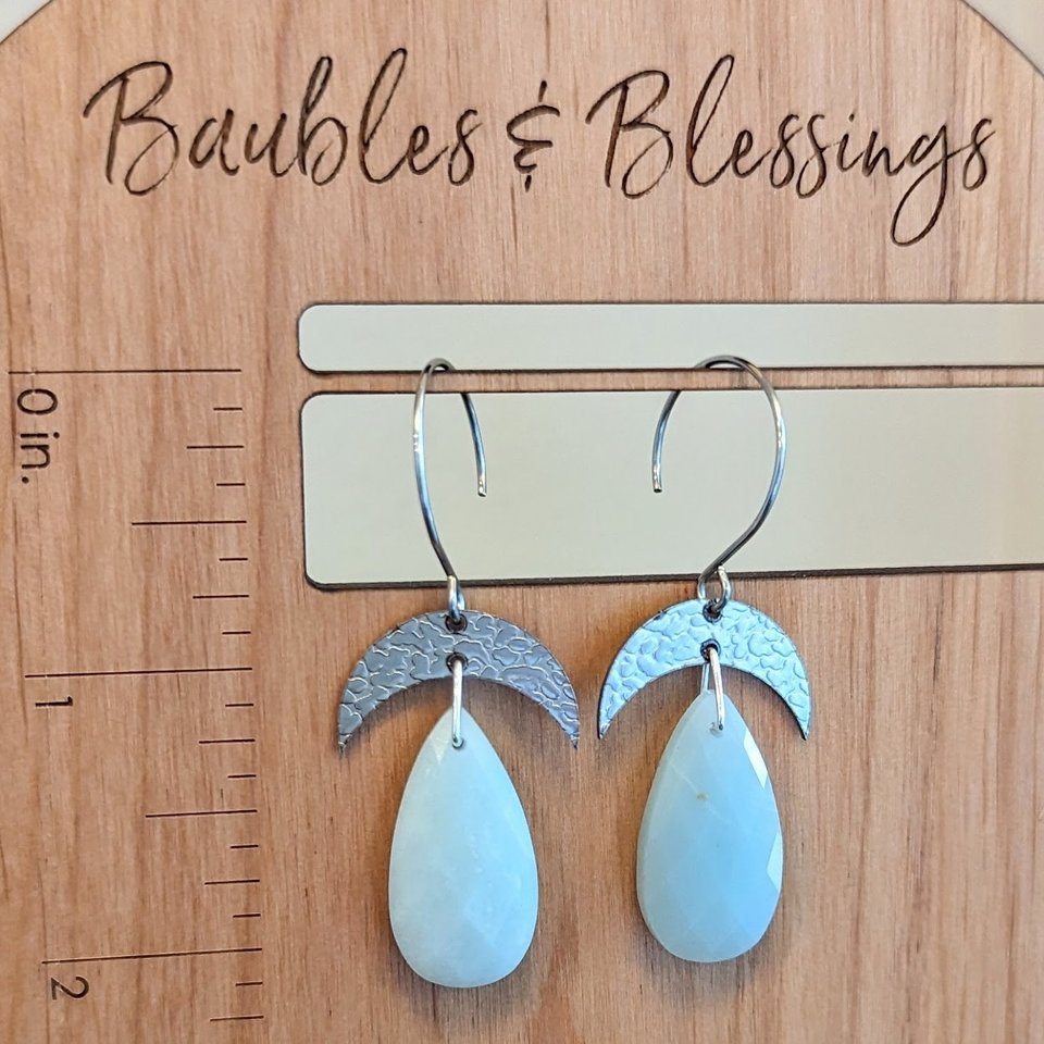 Hammered Stainless Steel & Amazonite Crescent Moon Earrings