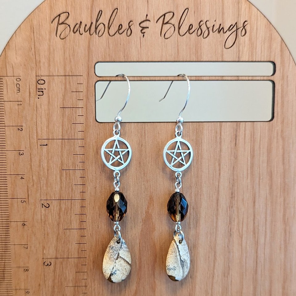 Sterling Silver Pentagram & Picture Jasper Earrings
