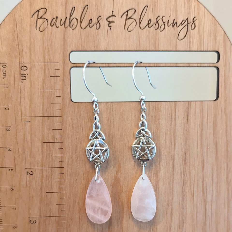Silver Triquetra & Pentagram Earrings with Rose Quartz