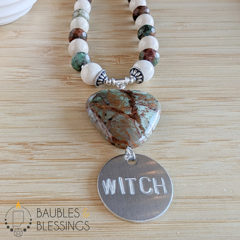 Hand-Stamped WITCH Necklace with Green Opal & Riverstone 