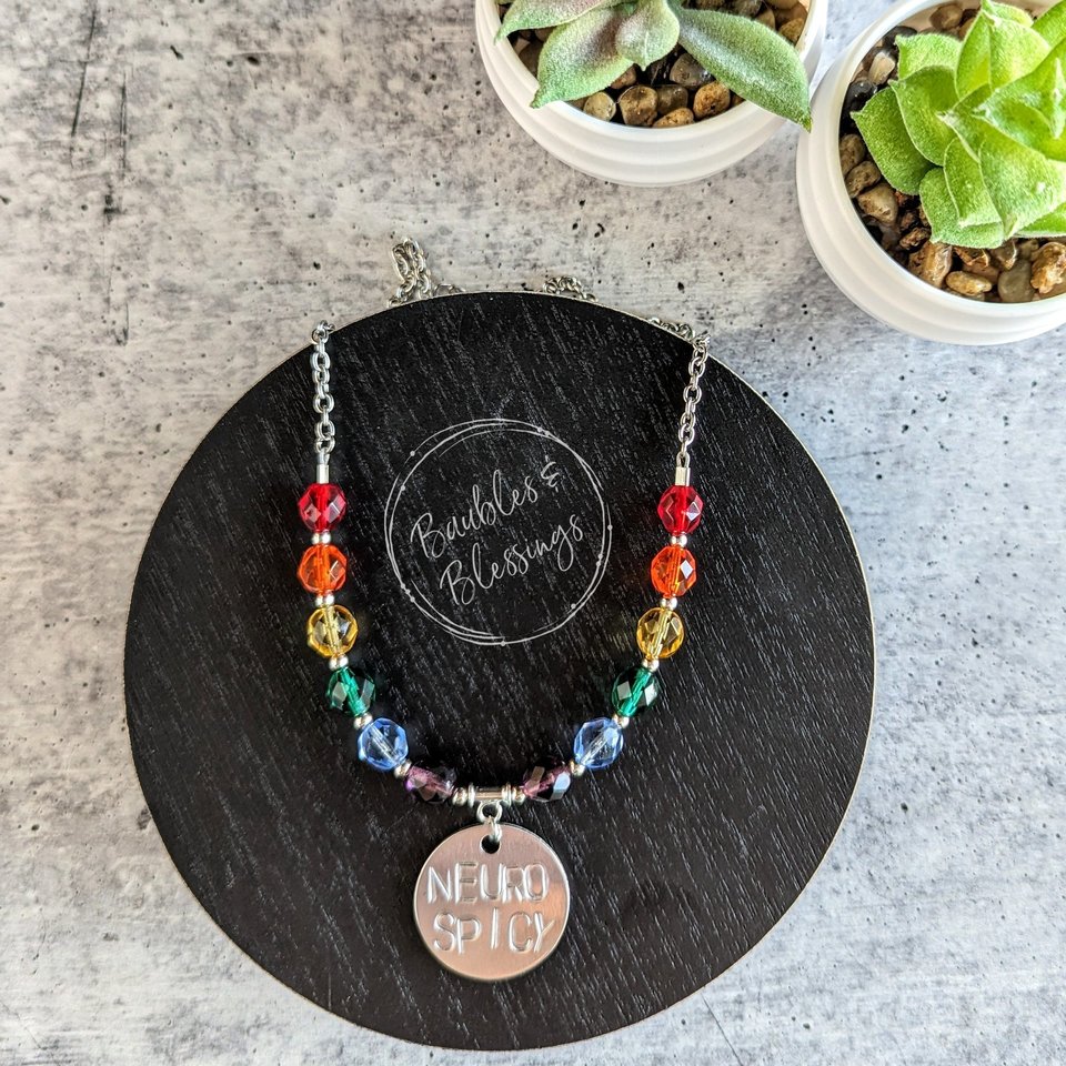 Rainbow Necklace with Hand-Stamped NEURO SPICY Pendant (MTO)