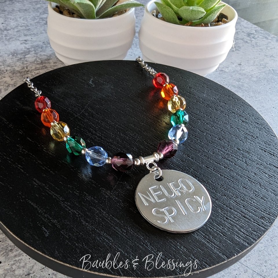 Rainbow Necklace with Hand-Stamped NEURO SPICY Pendant (MTO)