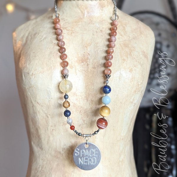 Solar System Necklace with Sunstone & Hand-Stamped "Space Nerd" Pendant