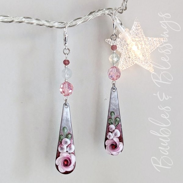 Pink Floral Earrings with Lampwork Charms