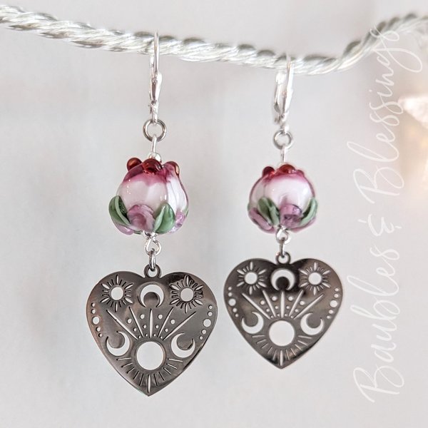 Pink-Tipped Rose Earrings with Celestial Heart Charms