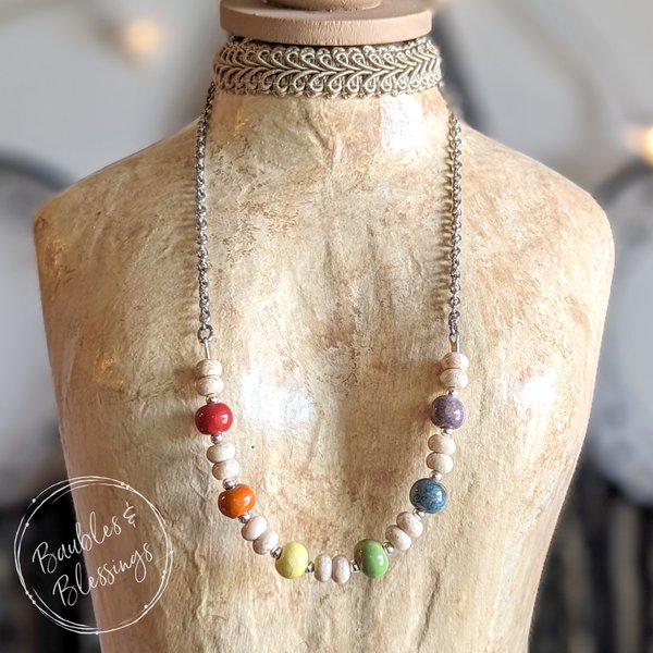 Earthy Rainbow Necklace with Handmade Beads
