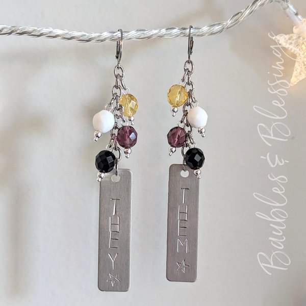 Hand-stamped Pronoun Earrings with Nonbinary Pride Colors