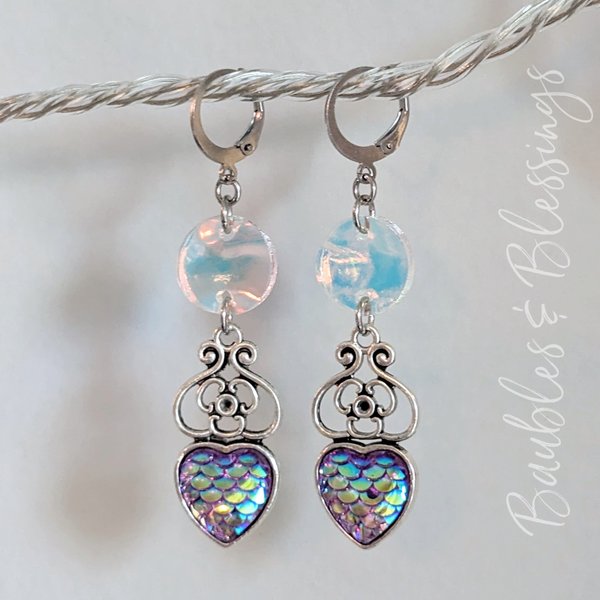 Mermaid Scale Heart Earrings with Iridescent Acrylic