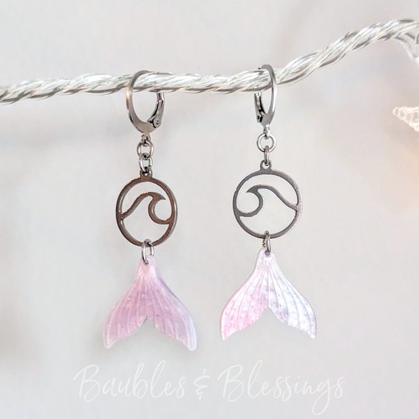 Glittery Mermaid Tail Earrings with Wave Charm
