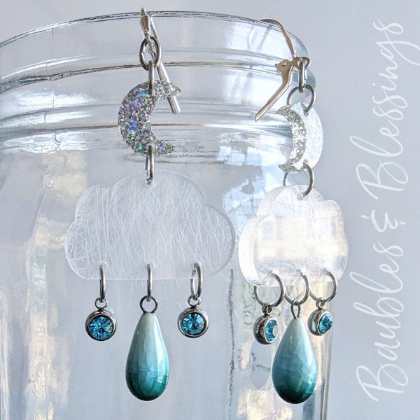 Cloud Earrings with Ceramic Raindrop & Holographic Moons