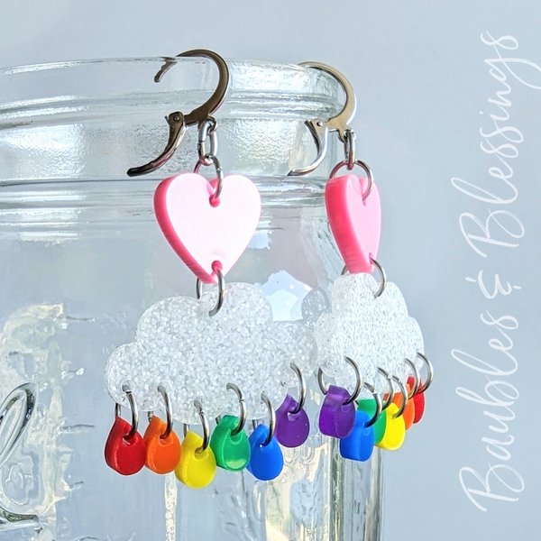 Cloud Earrings with Pink Hearts & Rainbow Drops (MTO)