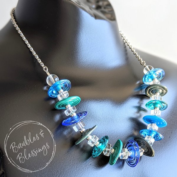 Watery Necklace with Lampwork Disc Beads & Quartz