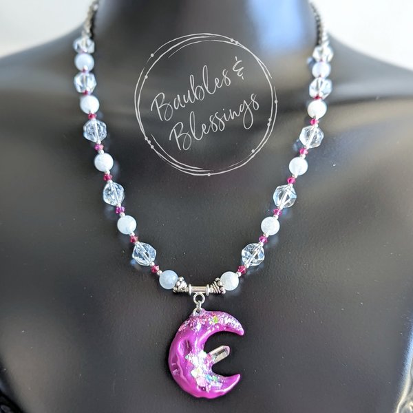 Sparkly Crescent Moon Necklace with Quartz & Rainbow Moonstone