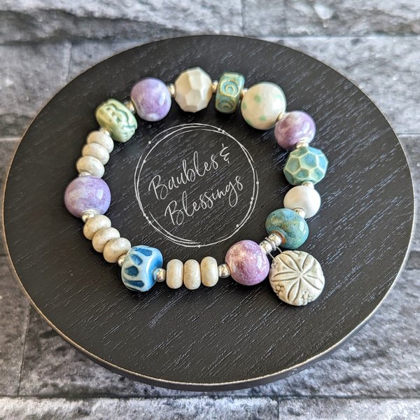 OOAK Sand Dollar Bracelet with Riverstone & Ceramic Gaea Beads