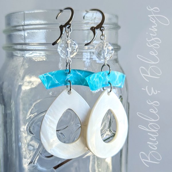 Mother of Pearl Open Teardrop Earrings with Quartz