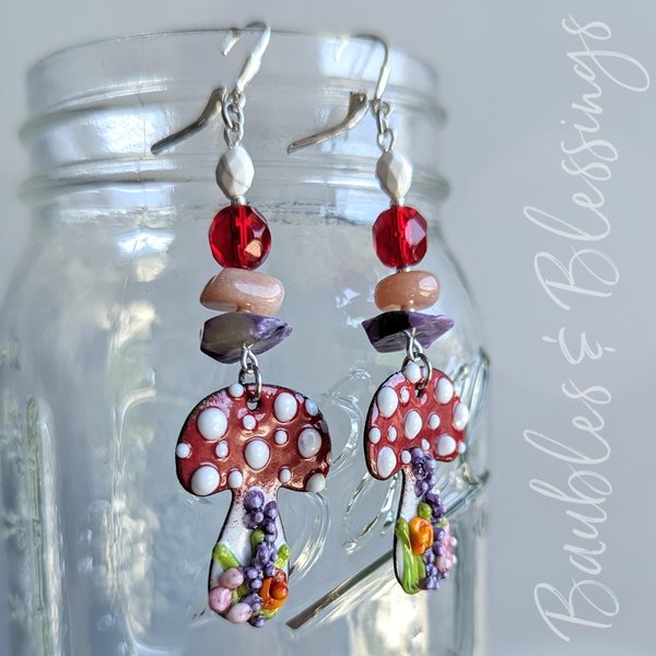 Funky Mushroom Earrings with Lampwork Enameled Charms
