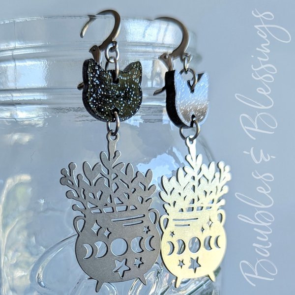 Glittery Void Cat & Stainless Steel Cauldron Earrings