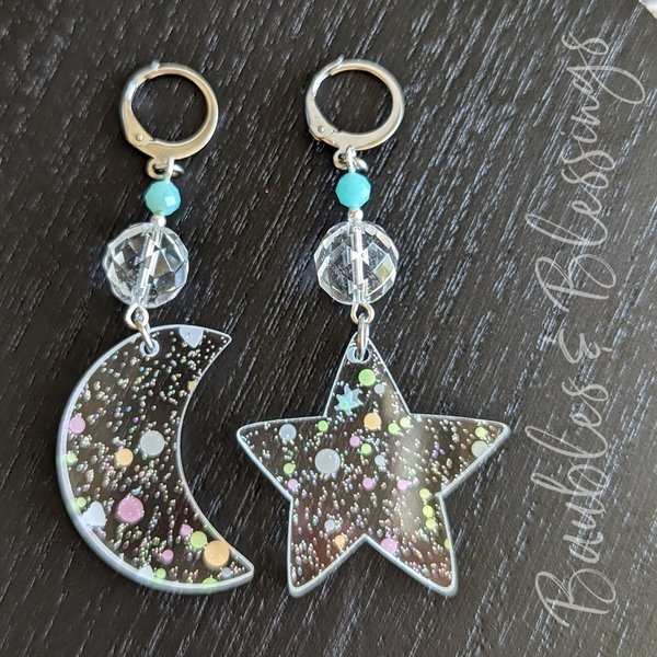 Candy Glitter Moon & Star Earrings with Quartz & Apatite