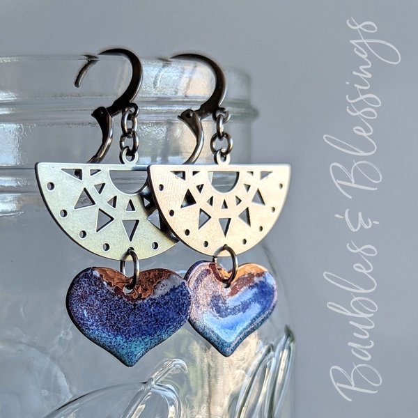 Festive Earrings with Handmade Enamel Hearts
