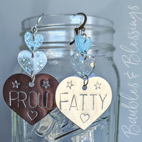 Hand-stamped PROUD FATTY Earrings with Glittery Hearts