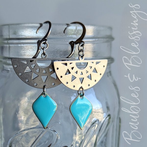 Festive Earrings with Bright Aqua Enamel Drops