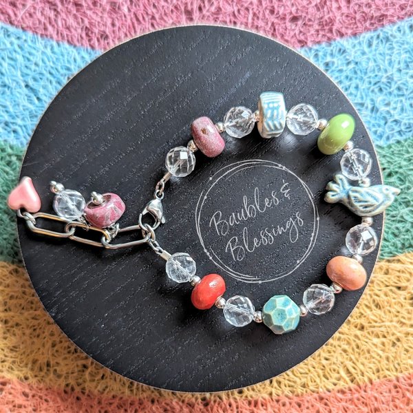OOAK Bird Bracelet with Quartz & Ceramic Gaea Beads
