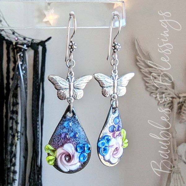 Butterfly Earrings with Lampwork Enameled Pink Flowers