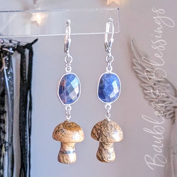 Picture Jasper Mushroom Earrings with Faceted Sodalite