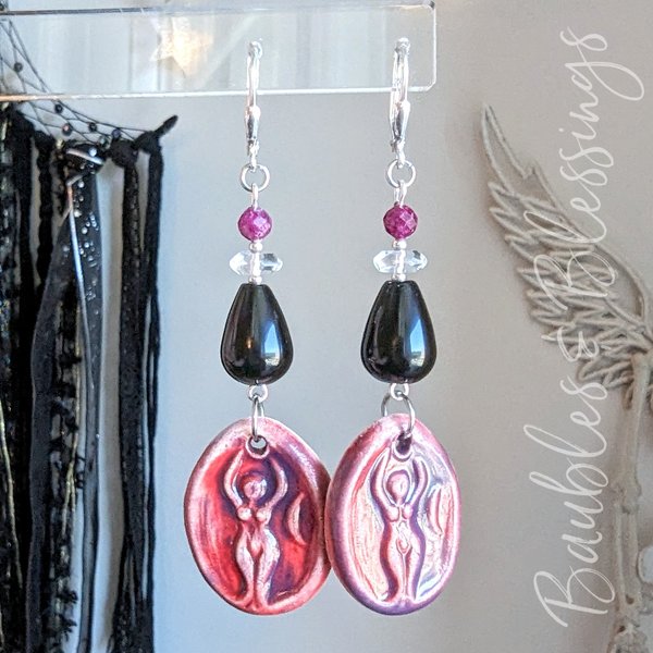 Burgundy Goddess Earrings with Ruby, Quartz & Onyx Teardrops