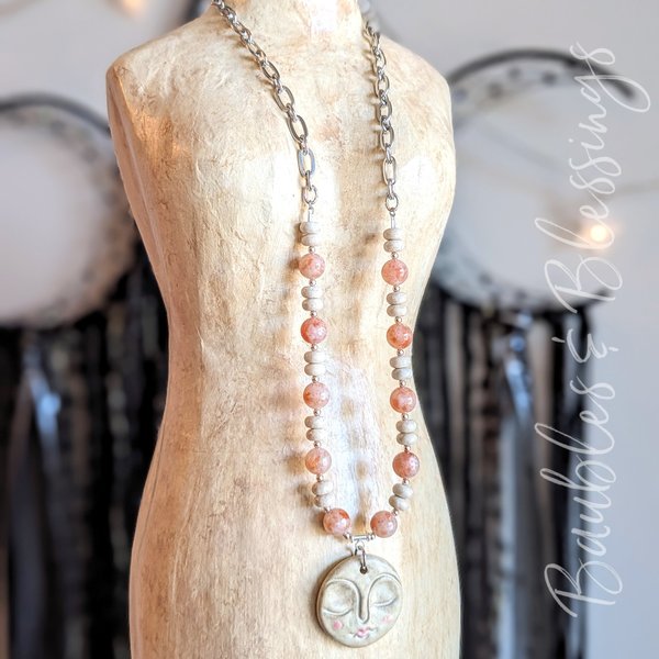 Sweet Moon Necklace with Sunstone, Riverstone & Gaea Focal